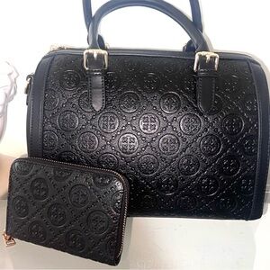 New Elegant Black Embossed Handbag & Wallet Set